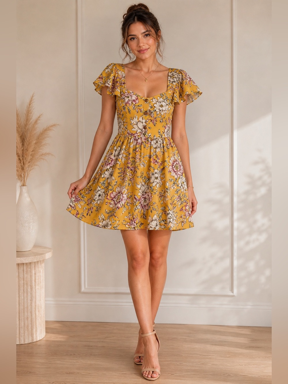 Yellow Floral Mini Dress Women Size M Flowy Short Sleeve Tie Back Casual Summer